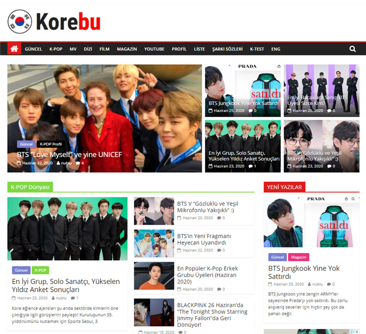 K-POP과 드라마, 영화 등 한류 관련 소식을 전해주는 터키 인터넷 매거진 – 출처 : Korebu