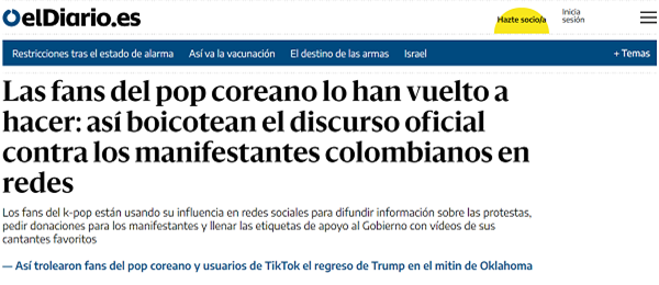 케이팝이 다시 시작했다: SNS에서 콜롬비아 시위대의 목소리를 내는 데 사용된 케이팝’ 기사 – 출처 : 엘 디아리오