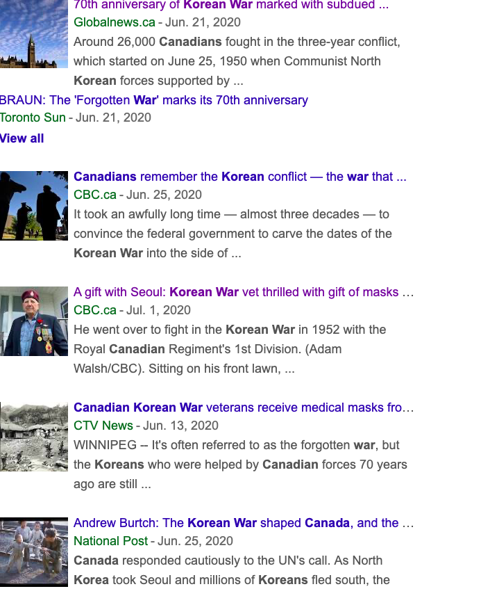 한국전쟁을 다룬 캐나다 언론들 - 출처 : 구글