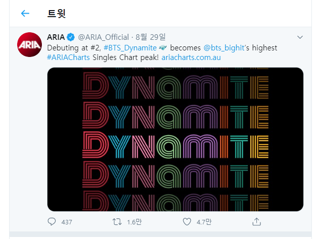 방탄소년단의 '다이너마이트(Dynamite)'가 ARIA 싱글차트에서 2위를 차지한 소식을 알린 ARIA 차트 공식 트위터 - 출처 : ARIA 차트 트위터 계정