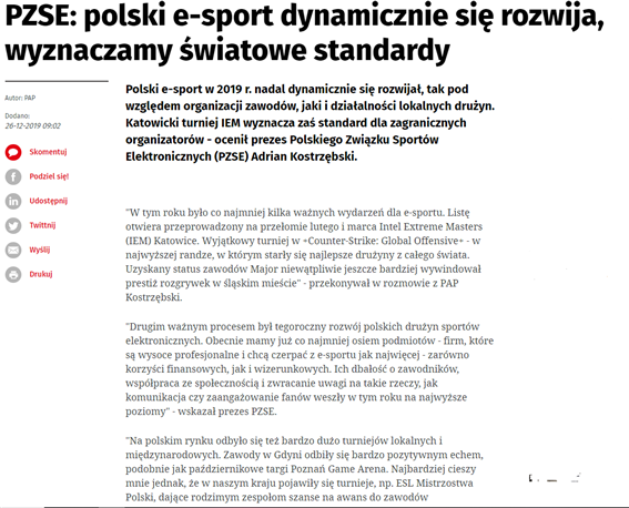 폴란드 e-스포츠협회 회장 Adrian Kostrzebski 인터뷰 기사 - 출처 : wnp.pl