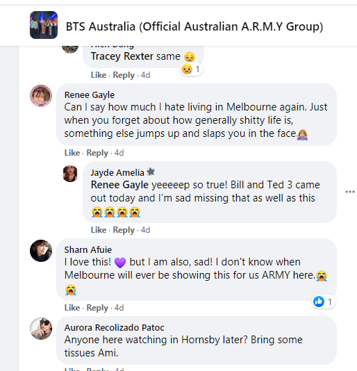 영화를 본 소감을 공유하고 있는 방탄소년단 호주 아미들- 출처 : BTS Australia 페이스북 그룹(@BTSAustralia