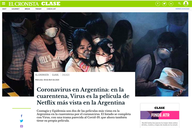 지난 4월 8일 ‘영화 ‘감기’, 자가격리 기간 아르헨티나서 가장 많이 본 영화’라는 제목의 기사가 실렸다 - 출처 : 크로니스타
