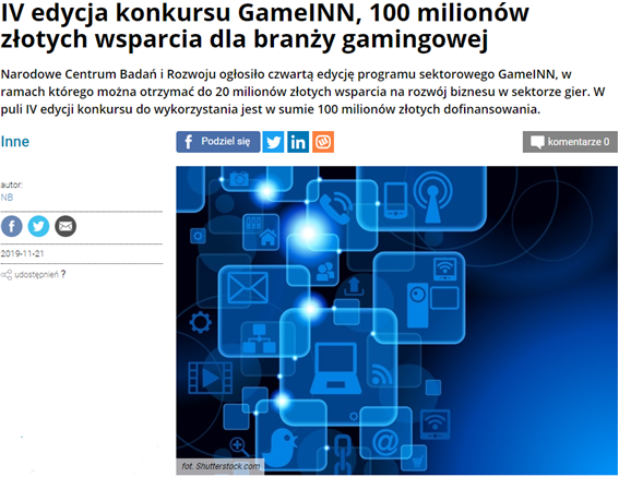 GameInn 프로그램 기금 할당 기사 - 출처: wirtualnemedia.pl