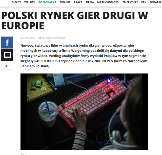 2018년 폴란드 게임 산업 분석 및 2019년 산업 전망 기사 - 출처 : Interia.pl