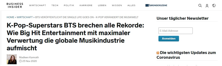 독일 경제 비즈니스 미디어 '비즈니스 인사이더'가 보도한 BTS와 빅히트의 성공 요인 – 출처 : www.businessinsider.de