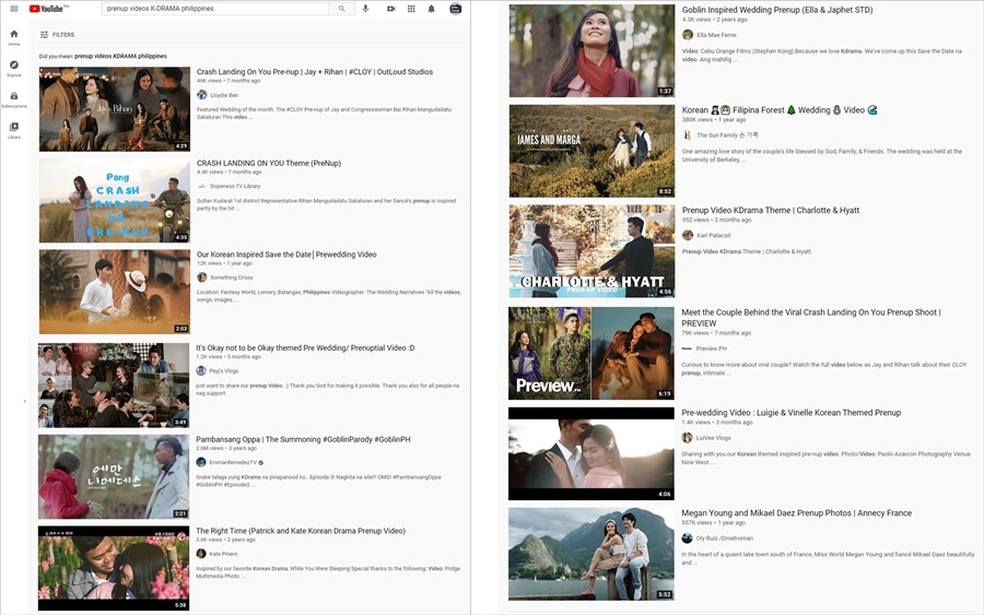 유튜브에서 볼 수 있는 필리핀 사람들의 웨딩 동영상. Prenup videos K-DRAMA로 검색하면 상당히 많은 영상을 볼 수 있다. - 출처 : 유튜브 갈무리