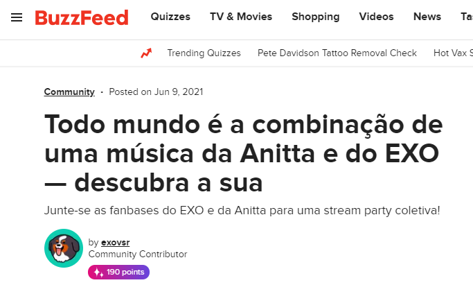 <아니타 팬과 브라질 엑소 팬들이 함께 한 스트리밍 콜보 #PartyWithEXOandAnitta - 출처 :  BuzzFeed(21. 6. 9.)>