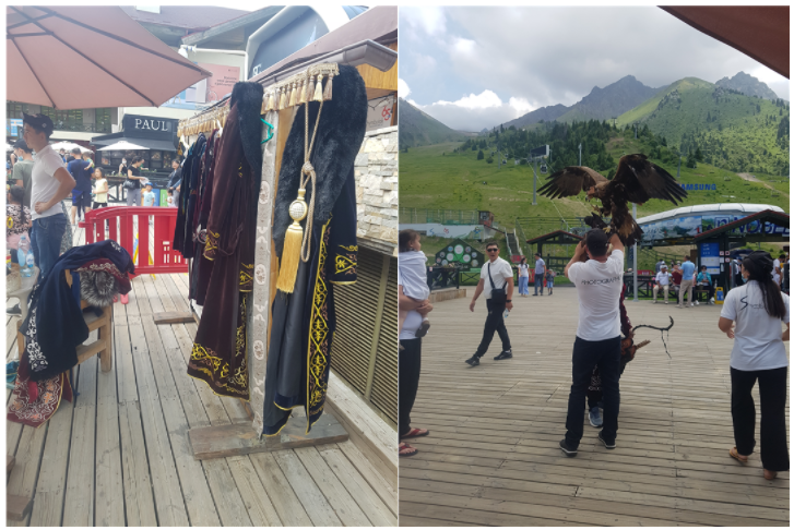 <방문객들은 전통복식을 입고 독수리를 손에 얹은 채로 사진을 촬영하기도 한다. 독수리와의 사진 촬영 비용은 1,000텡게(약 2,700원)이다.>  
