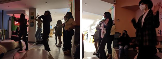 <살라망카 시내 카페에서 케이팝 랜덤 댄스를 즐기고 있는 사람들 – 출처 : 통신원 촬영>
