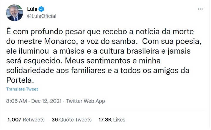 <모나르꼬의 별세 소식에 룰라 브라질 전 대통령이 남긴 위로 메시지 - 출처: 트위터 @LulaOficial>