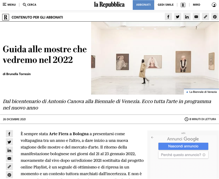 <'라 레쁘불리까'가 소개하는 2022 이탈리아에서 보게 될 전시회 기사 – 출처 : La repubblica>