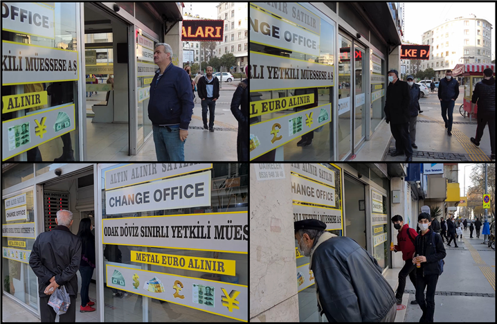 <터키 시민들이 환전소 앞에서 환율이 변하고 있는 게시판을 보고 있다. – 출처: 통신원 촬영>