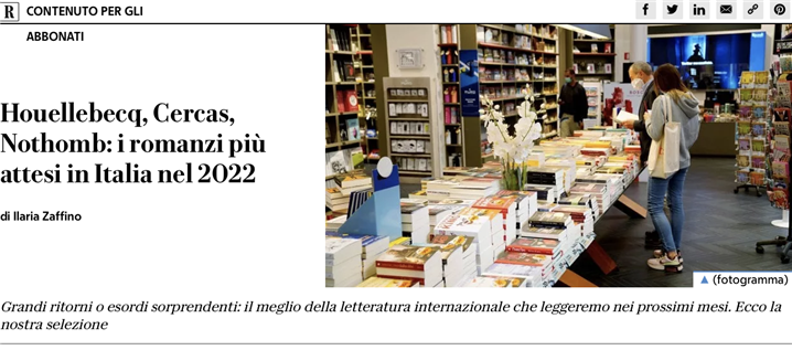 <'2022년 이탈리아에서 가장 기대되는 소설' 라 레뿌블리까 기사 - 출처: La Repubblica>