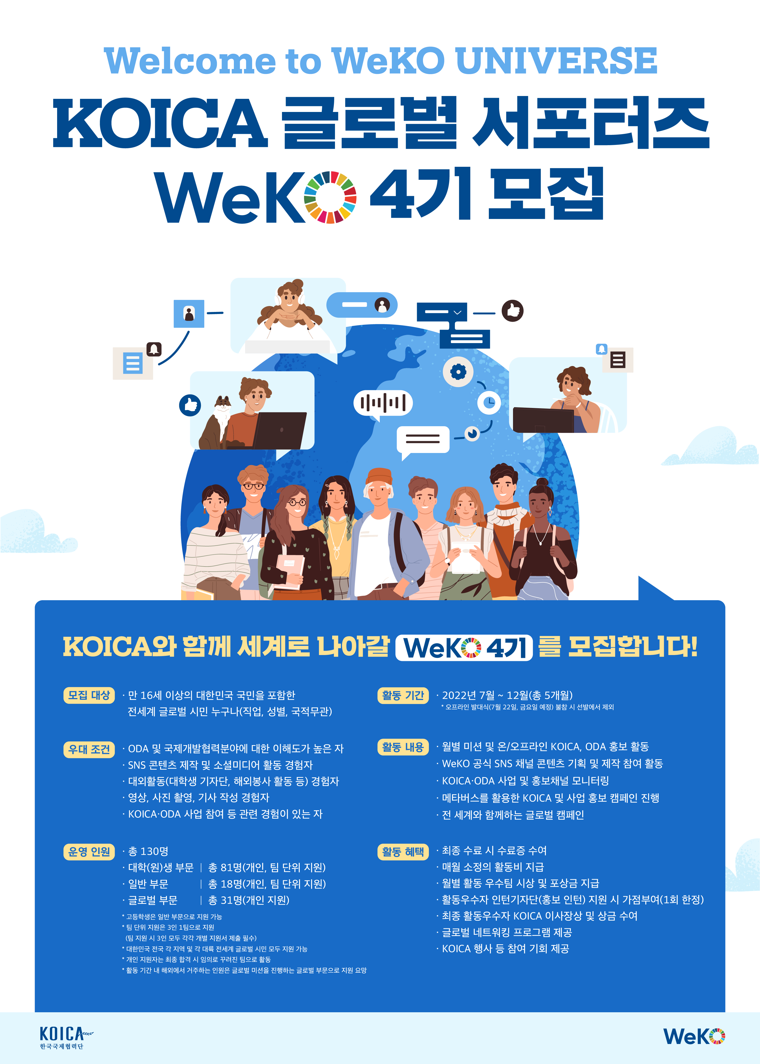 Welcome to WeKO UNIVERSE KOICA 글로벌 서포터즈 WeK 4기 모집 991 = KOICA 와 함께 세계로 나아갈 WeK 4기를 모집합니다! 모집 대상 · 만 16세 이상의 대한민국 국민을 포함한 전세계 글로벌 시민 누구나(직업, 성별, 국적무관) 활동 기간 · 2022년 7월 ~ 12월(총 5개월) * 오프라인 발대식(7월 22일, 금요일 예정) 불참 시 선발에서 제외 우대 조건) ·ODA 및 국제개발협력분야에 대한 이해도가 높은 자 - SNS 콘텐츠 제작 및 소셜미디어 활동 경험자 - 대외활동(대학생 기자단, 해외봉사 활동 등) 경험자 · 영상, 사진 촬영, 기사 작성 경험자 - KOICA·ODA 사업 참여 등 관련 경험이 있는 자 활동 내용 · 월별 미션 및 온/오프라인 KOICA, ODA 홍보 활동 - WeKO 공식 SNS 채널 콘텐츠 기획 및 제작 참여 활동 - KOICA·ODA 사업 및 홍보채널 모니터링 - 메타버스를 활용한 KOICA 및 사업 홍보 캠페인 진행 - 전 세계와 함께하는 글로벌 캠페인 운영 인원) · 총 130명 · 대학(원)생 부문 | 총 81명(개인, 팀 단위 지원) · 일반 부문 | 총 18명(개인, 팀 단위 지원) · 글로벌 부문 | 총 31명(개인 지원) 활동 혜택) · 최종 수료 시 수료증 수여 - 매월 소정의 활동비 지급 · 월별 활동 우수팀 시상 및 포상금 지급 ·활동우수자 인턴기자단(홍보 인턴) 지원 시 가점부여(1회 한정) · 최종 활동우수자 KOICA 이사장상 및 상금 수여 · 글로벌 네트워킹 프로그램 제공 - KOICA 행사 등 참여 기회 제공 * 고등학생은 일반 부문으로 지원 가능 * 팀 단위 지원은 3인 1팀으로 지원 (팀 지원 시 3인 모두 각각 개별 지원서 제출 필수) * 대한민국 전국 각 지역 및 각 대륙 전세계 글로벌 시민 모두 지원 가능 * 개인 지원자는 최종 합격 시 임의로 꾸려진 팀으로 활동 * 활동 기간 내 해외에서 거주하는 인원은 글로벌 미션을 진행하는 글로벌 부문으로 지원 요망 KOIC Afree Weko 한국국제협력단