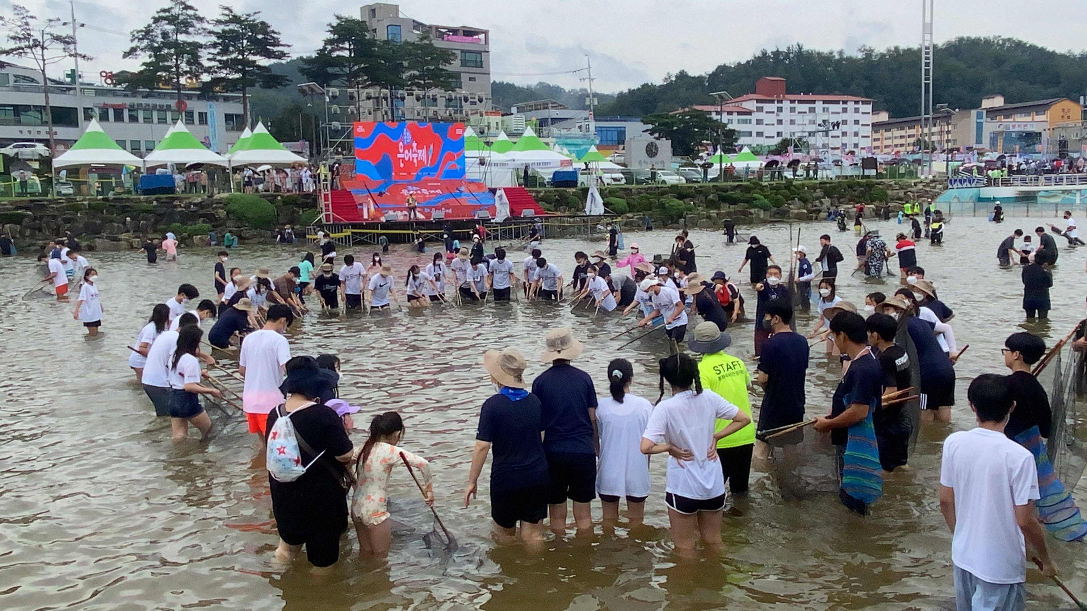 봉화 지역 축제인 '은어축제'에 방문해 은어잡기 체험을 하는 참가자들