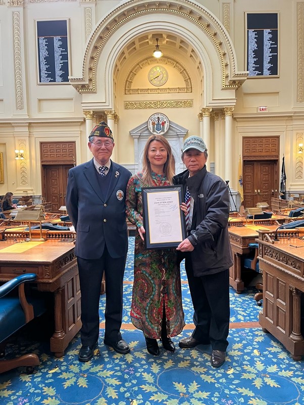 Photo: Veterans Eom Chang-nam and Kim Ki-jeong receive a copy of the bill from Assemblywoman Ellen Park