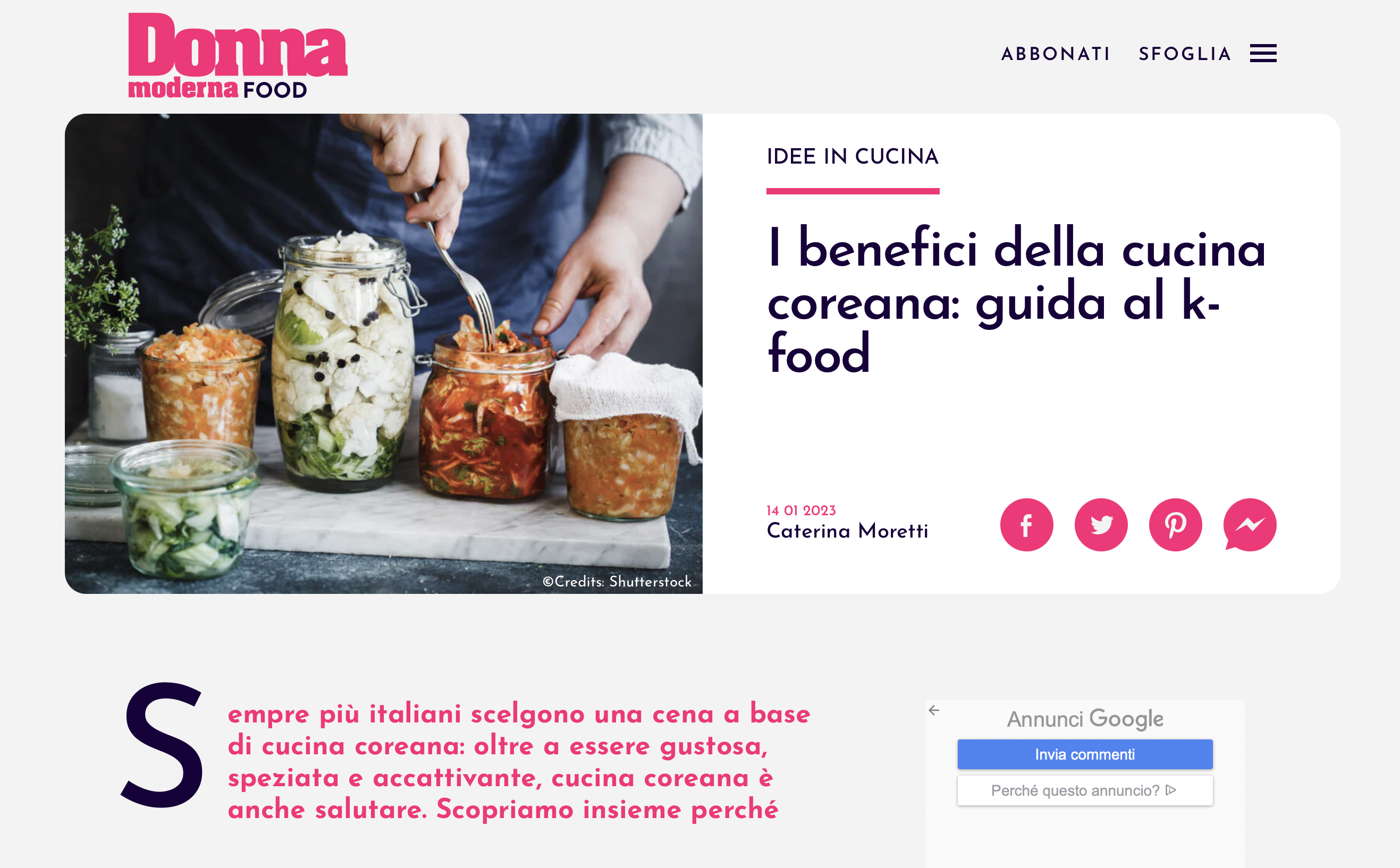 < 이탈리아 여성 잡지에 소개된 한식 - 출처: 'Donna Moderna' >