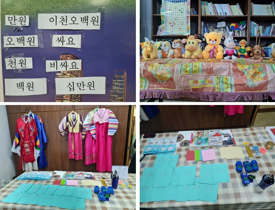▲ 매주 일요일 오후, 한국어를 공부하는 교실이 3월 5일에는 한국 시장으로 꾸며졌다. 교과서 90, 91페이지에 있는 수량 명사를 한 번 이상 직접 말할 수 있도록 교사들이 다양한 물건을 준비했다.