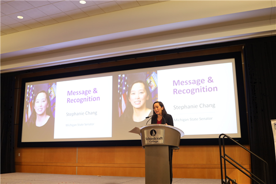 Senator Stephanie Chang reciting the governor’s speech for the IWD celebration event