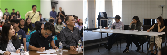 (Left) Yeong Kim, Gi-hyun Ahn, and Dong-wook Kim as judges for elementary and middle schoolers; (Right) Eun-soo Song, Seong-rye Kim, and Ha-young Lee as judges for pre-school and high school students