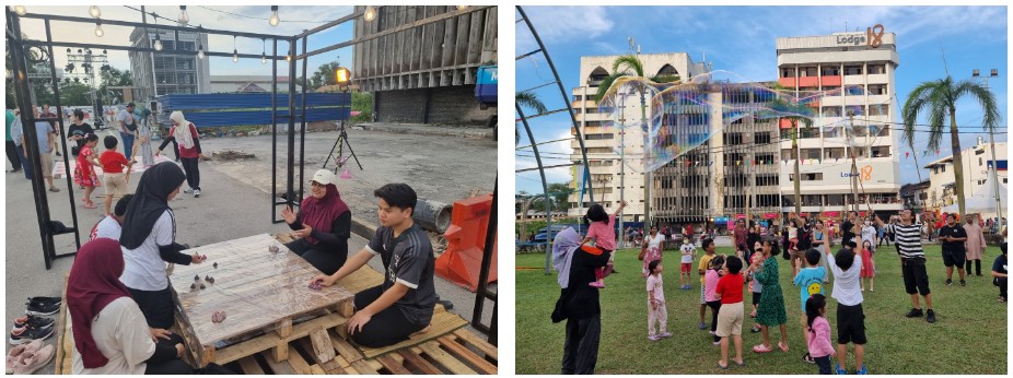 말레이시아 전통놀이와 비눗방울 퍼포먼스를 즐기는 시민들 - 출처: 통신원 촬영