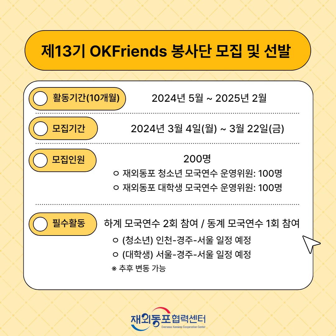 ○ 활동기간(10개월): 2024년 5월 ~ 2025년 2월 ○ 필수활동(3회): 재외동포 청소년/대학생 모국연수 운영요원 참여 - 하계 2회 및 동계 1회(1회당 7~8일 예정) ○ 모집인원(총 200명) - 재외동포 청소년 모국연수 운영위원: 100명(인천-경주-서울 일정 예정) - 재외동포 대학생 모국연수 운영위원: 100명(서울-경주-서울 일정 예정) ※ 추후 적정한 수의 인원 배치를 위해 비희망 선택지로 배정될 수 있습니다