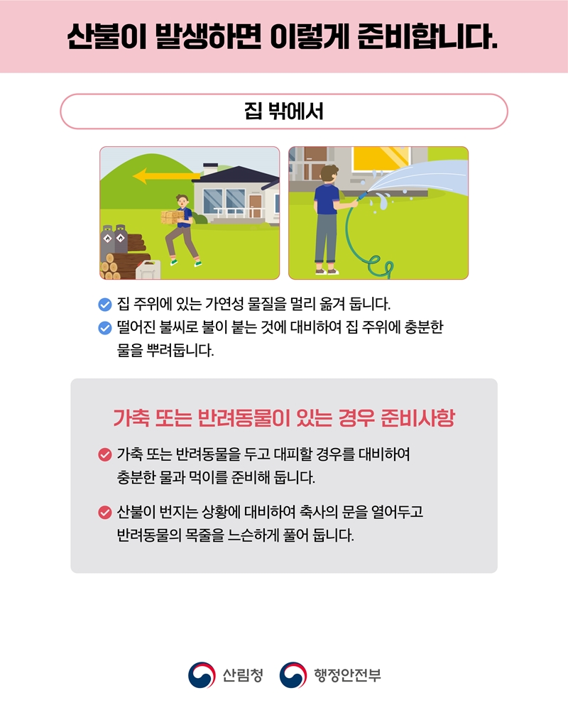 <산불이 발생하면 이렇게 준비합니다.>  [집 밖에서] -집 주위에 있는 가연성 물질을 멀리 옮겨 둡니다. -떨어진 불씨로 불이 붙는 것에 대비하여 집 주위에 충분한 물을 뿌려둡니다.  ※ 가축 또는 반려동물이 있는 경우 준비사항 -가축 또는 반려동물을 두고 대피할 경우를 대비하여 충분한 물과 먹이를 준비해 둡니다. -산불이 번지는 상황에 대비하여 축사의 문을 열어두고 반려동물의 목줄을 느슨하게 풀어 둡니다.