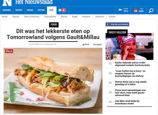코리안 BBQ 샌드위치를 메인 사진으로 실은 Het Nieuwsblad – 출처 : http://www.nieuwsblad.be