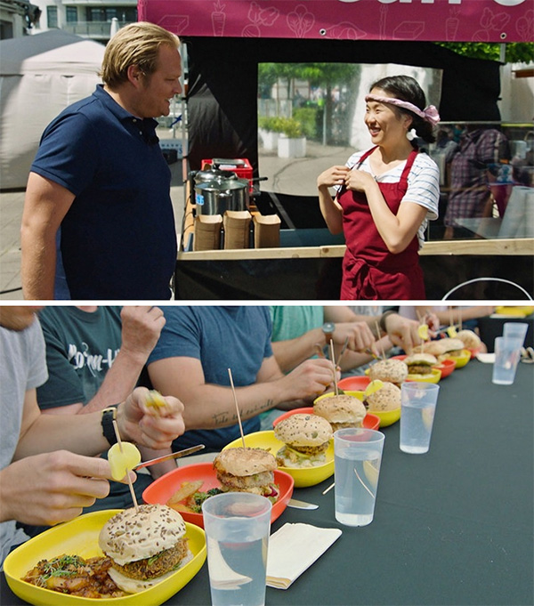 독일 요리사 브요른 프라이탁과 '김밥스팟'의 마이어 경아씨(위), 대결 메뉴였던 무지개 햄버거(아래)